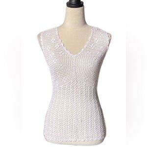 Bette Paige White Sheer Macrame Knit V-Neck Sheer Sleeveless Top (Size: Small)
